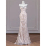 Daiiibabyyy  Sexy Champagne Sequins Prom Dresses Sweetheart Strapless Open Back Evening Party Dress Mermaid Sleeveless Formal Occasion Dress