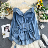 Daiiibabyyy  Casual Denim Shirt Tie Waist Adjustable Denim Shirt Backless Multiway Versatile Jean Blouse Short Sleeve Loose Denim Top