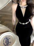 Daiiibabyyy  French Elegant Heavy Work Handmade Rhinestone Dress Women Velvet Sexy Slim Long Dress Evening Gown Fashion High Waist V-Neck