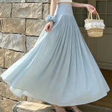 Daiiibabyyy  Women Bohemian Vacation Skirt High Waisted Solid Pleated Summer Skirt A Line Beach Vintage Yellow Casual Preppy Style Skirt