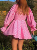 Daiiibabyyy Summer Short Dresses Women Sweet Pink Plaid Dress Female Elegant Peter Pan Collar Dress Ladies Casual Lantern Sleeve Vestidos
