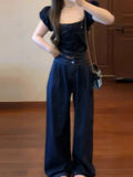DAIIIBABYYY  -  Casual Denim Suit Women's Summer Bow Short-sleeved Top High Waist Wide Leg Pants Two-piece Set Fashion Female Clothes