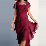 Daiiibabyyy Elegant Lady Patchwork Chiffon O Neck Short Sleeve Dress Fashion Sexy Female Casual Party Dress New Women's Tierred A Line Dress