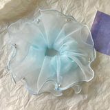 Daiiibabyyy  1PC Elegant Tulle Organza Hair Scrunchie With Faux Pearls For Women Girls Large Ruffle Elastic Hair Tie Fashion Hair Accessories