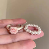 Daiiibabyyy  Romantic Pearl Rose Flower Finger Rings for Women Girls 3D Pink Rose Ring Elegance Aesthetic Jewelry Temperament Accessories