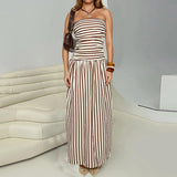 Daiiibabyyy  Casual Street Vacation Style Strapless Stretchable Long Dress Summer Fashion Stripes Printing Ruched Comfort Retro Sundress