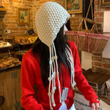 Daiiibabyyy  Korean Winter Wool Tassel Knitted Ear Protection Hat for Women Winter Warm Crochet Earmuffs Caps Girl Pullover Beanie Bonnet