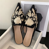 Daiiibabyyy  Spring Retro Design Embroidery Pointed Toe Women Slippers Low Heels Comfortable Mules Party Shoes Zapatos De Mujer