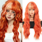 Daiiibabyyy  28inch Long orange Curly Wavy Wig with Bang For Women Synthetic Heat Resistant Wigs Daily Party Cosplay Use