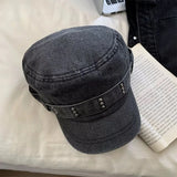 DAIIIBABYYY  -  Korean Retro Rivet Denim Flat Top Newsboy Cap Spring and Autumn Niche Fashion Washed and Made Old Y2k Trend Beret Hat for Women
