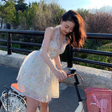 Daiiibabyyy Floral Chiffon V-neck Sling Neck Dress 2024 Summer Little Sexy Princess Dress Fashion Vestidos Elegantes Prom Harajuku Kawaii