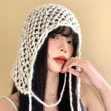 DAIIIBABYYY  -  Japanese Simple Solid Color Hand-woven Hollow Fringed Hat Women Spring and Summer Thin Knitted Breathable Versatile Pullover Cap