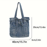 Daiiibabyyy  Casual Handbag Large Capacity Denim Tote Bag Fashion Everything High Appearance Level Shoulder Bag Commuter Underarm Bag