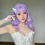 Daiiibabyyy  Lavender Purple Wavy Medium Wig Synthetic Hair Flat Bangs Cosplay Daily Party Costume Full Wigs for Women Girls