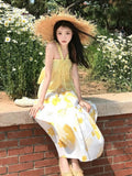 Daiiibabyyy  Women Clothing 2 Piece Sets Solid Sweet Halter Ruffled Bow Tank Top + High Waist A-line Printing Skirts Outfits Chic Summer Suit
