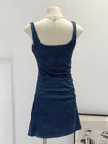 Daiiibabyyy  Women's Summer Blue Denim Short Dress High Waist Folding Strap Hip Wrapping Slimming Fit Mini Dresses 2025 New Style Fashion