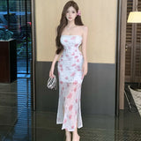 DAIIIBABYYY  -  Summer Pink Floral Mesh Chic Diamonds Chest Wrapping Dress Women Elegant Casual Beach Dress 2025 Korean Fashion Bodycon Vestidos