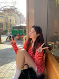 DAIIIBABYYY  -  Korean Women T Shirt 2025 A Niche Contrasting Striped Pullover Spring New American Retro Style Loose Versatile Top