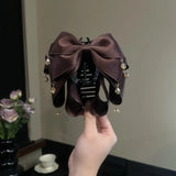 Daiiibabyyy  2Pcs Non-Slip Multi-Layer Bow Hair Claw Large Size Satin Fabric Tassel Pendant Shark Clip Acrylic Crystal Teardrop Hair Clips