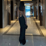Daiiibabyyy  Elegant Halter Sleeveless Evening Long Dress Women's Sexy Backless Solid Satin Party Dress Fashion Hollow Out Summer Maxi Dress