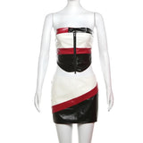 Daiiibabyyy 2024 Summer Contrast Colors Patchwork Slim 2 Piece Set Women Sexy Strapless Sleeveless Crop Top Zipper Mini Skirt Streetwear