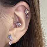 Daiiibabyyy  3Pcs Pink Crystal Heart Stud Earrings for Women Exquisite Sweet Butterfly Dangle Earrings Set Vintage Versatile Jewelry Gift New