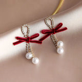 Daiiibabyyy  Black Red Velvet Bowknot Drop Earrings for Women Vintage Rhinestones Imitation Pearl Drop Earrings Jewelry  Dating Party K
