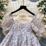 DAIIIBABYYY  -  French Style Super Fairy Fluffy Dress 2025 Summer Gentle Square Neck Bubble Sleeves Slimming Floral Mesh Vestidos