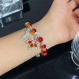 Daiiibabyyy  New Trendy Red Crystal Beaded Maple Leaf Bracelet for Women Fashion Butterfly Feather Pendant Bracelet Friendship Jewelry Gift