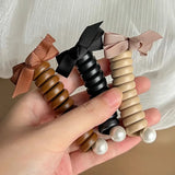 Daiiibabyyy  Bow Pearl Phone Line Hair Rings Women Temperament Durable High Elasticity Rubber Bands No Damage To Hair Tie Ponytail Hair Ropes