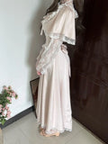 Daiiibabyyy  Sweet Elegant Vintage Lolita Dress Women Lace Capelet Long Sleeve Bow Lace Up Ruched Waist Slim Fit Long Dress Elegant Outfit