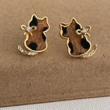 Daiiibabyyy  Funny Leopard Plush Velvet Rhinestone Cartoon Cat with Bowknot Dangle Earrings for Women Gold Plated Every Day Jewelry