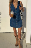 Daiiibabyyy  Summer Woman Denim Dress Cotton V Neck Jeans Dress High Waist Short Denim Dresses Mini Tie Back Jean Dress Front Buttons