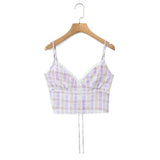 Daiiibabyyy  V-neck Lace-Up Back Camisole With Low-Waist Pleated Plaid Skirt For Women Plaid Top Ruffled Mini Skirt Lace Trim Outfit 046N