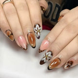 Daiiibabyyy  24pcs Manicure Long Almond False Nails Aurora Wave French Press on Nails Flower Starburst Detachable Fake Nials DIY