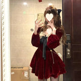 Daiiibabyyy  Red Square Collar Women's Dress Slimming Puffy Short Skirt A-Line Waist-Cinching New Fashion Street Style Long Sleeve