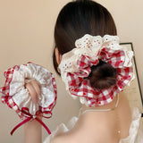 Daiiibabyyy  Women's Scrunchies Sweet Style Red Checkered Heart Shaped Hair Band Sweet Lace Hair Hair Tie Square Scarf Hair Tie Leather Band