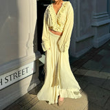 Daiiibabyyy  2025 Elegant Sexy Chiffon Summer Tops Pleated Ruffles Trim V-neck Long Sleeved Sheer Loose Shirts Blouse Holiday Streetwear