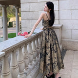 DAIIIBABYYY  -  Ink Wash Printed Suspender Half Skirt Set For Women With Retro Design Vest Paired With A-Line Large Hem Long Skirt Two-Piece Set