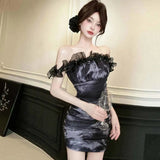 Daiiibabyyy  Sexy One-shoulder Mesh Printed Dress for Women in Pure Desire Style, Waist-hugging, Sexy Hot Girl Tight Buttocks