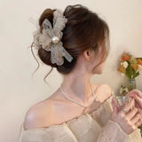 Daiiibabyyy  1PC Mesh Bow Round Bead Hair Clip for Women, High-End Feeling, New Style, Back of Head Hair Clip, Shark Clip Hair Accessory