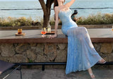 Daiiibabyyy  French Blue Floral Print Halter Dress Women Summer Beach Vacation Slimming Pure Desire Fish Tail Wrap Long Skirt Casual Gown