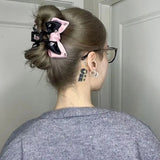 Daiiibabyyy  1pc Female group bow clip new pink and black satin back of head dished shark clip hair accessory