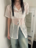 DAIIIBABYYY  -  Sun Protection 2 Piece Sets Women See Through Harajuku Single Breasted Shirt + Streetwear Crop Vest Y2k Aesthetic Outfits Suit