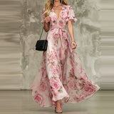 Daiiibabyyy  Sexy V-neck Lace-Up Waist Sweet Long Dress Elegant Flower Print Bohe Party Dress Women Casual Lotus Leaf Sleeve Holiday Dresses