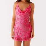 Daiiibabyyy  Women Summer Fashion Sleeveless Swing Collar Back Bandage Mini Dresses Flower Sequins Beaded Embroidery Cowl Neck Cami Dress