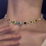 Daiiibabyyy  Sparkly Colorful Rhinestone Choker Necklaces Geometric Round Square Crystal Chain Necklaces for Women Bridal Wedding Jewelry