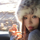 Daiiibabyyy  Korean Style Leopard Print Fuzzy Bucket Hats Warm Thickened Plush Winter Fisherman Hat Adult Unisex Animal Pattern Caps Headwear