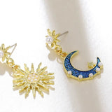 Daiiibabyyy  Fashion Mirco Inlaid Pearl Enamel Blue Moon Sun Asymmetrical Earrings Women Personalized Jewelry Beach Holiday
