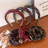 DAIIIBABYYY  -  Autumn Winter New Preppy Wintage Plaid Elastic Large Scrunchie Dark Plaid Wide Headband Hair Accessories